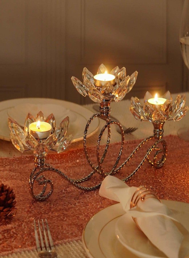 kehail 2Pcs Siver Kehail Crystal Metal Tea Light Candle Holder Set, 3-Arm Flower Shaped Crystal Votive Candlestick Holders for Table Centerpiece, Wedding Shower, Party and Home Decor - Image 4